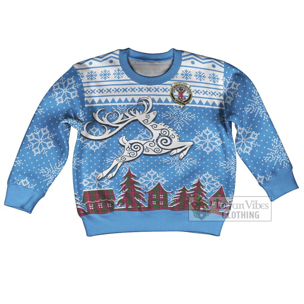 Tartan Vibes Clothing Crawford Clan Christmas Kid Ugly Sweater with Tartan and Celtic Raindeer Style