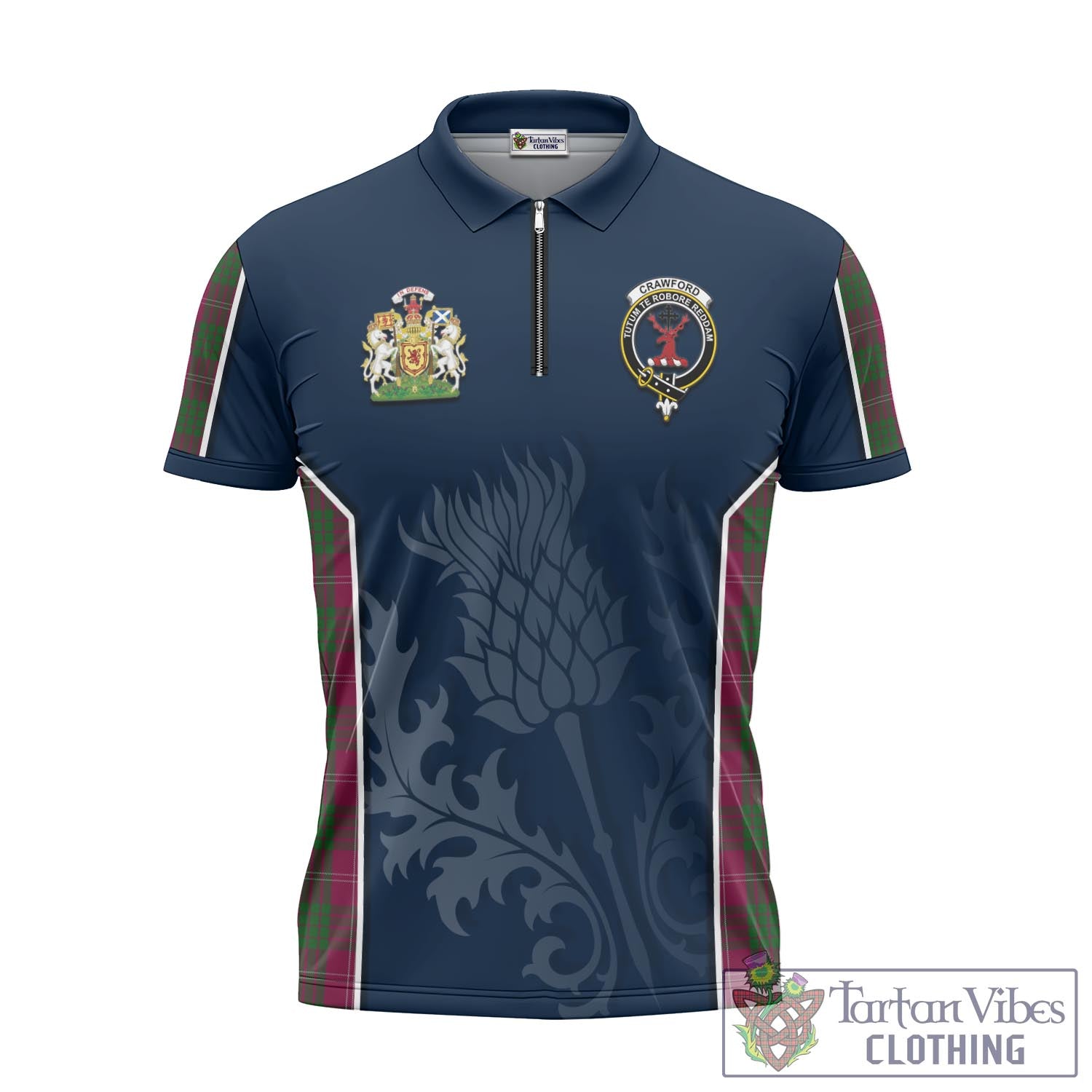 Tartan Vibes Clothing Crawford Tartan Zipper Polo Shirt with Family Crest and Scottish Thistle Vibes Sport Style