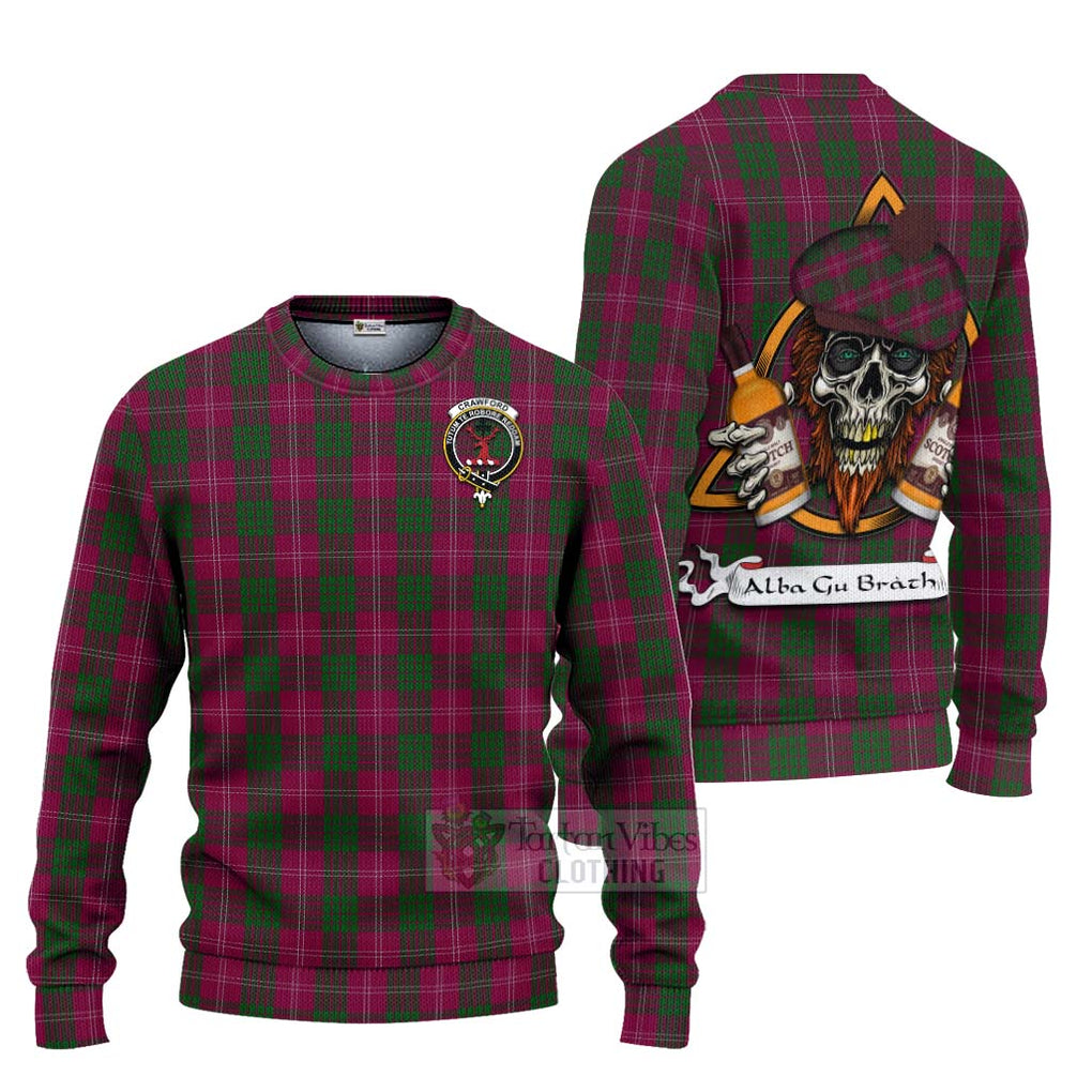 Tartan Vibes Clothing Crawford Tartan Knitted Sweater with Family Crest and Bearded Skull Holding Bottles of Whiskey