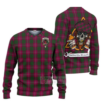 Crawford Tartan Ugly Sweater with Family Crest and Bearded Skull Holding Bottles of Whiskey