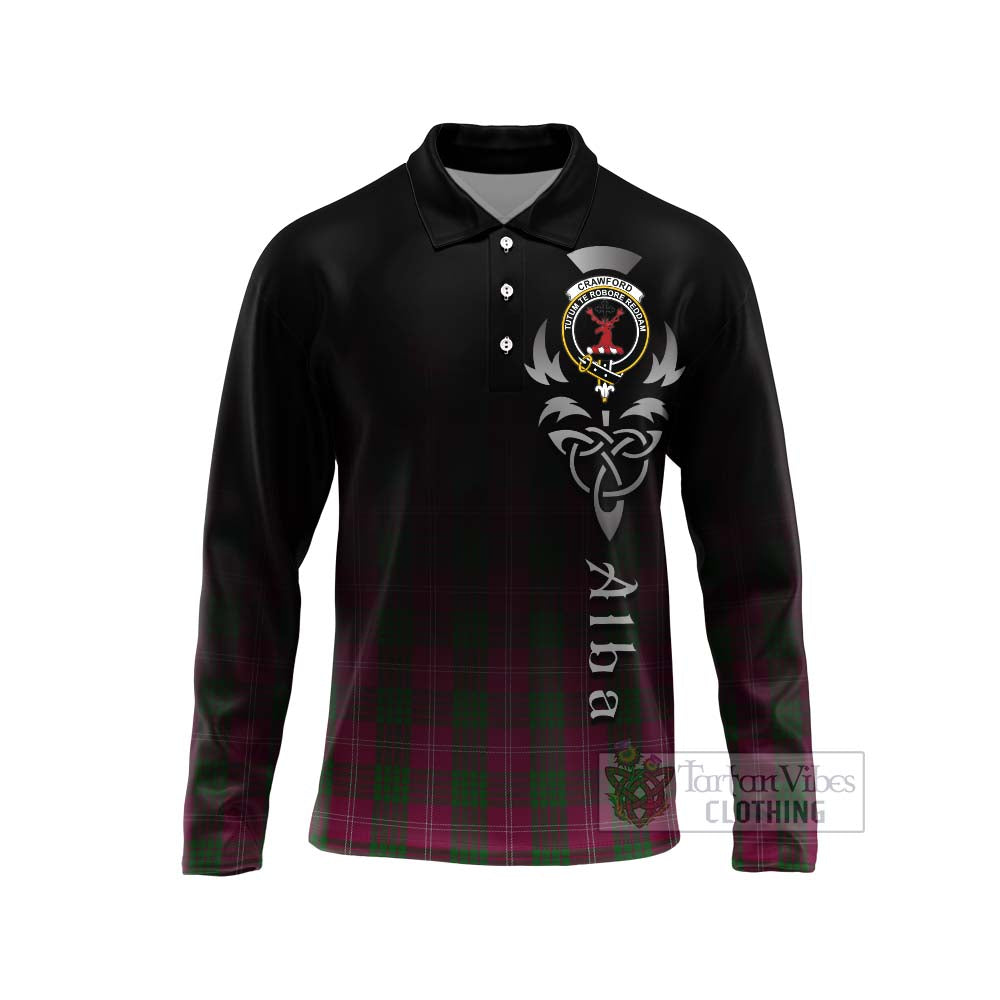 Tartan Vibes Clothing Crawford Tartan Long Sleeve Polo Shirt Featuring Alba Gu Brath Family Crest Celtic Inspired