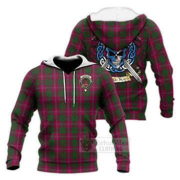 Crawford Tartan Knitted Hoodie with Family Crest Celtic Skull Style