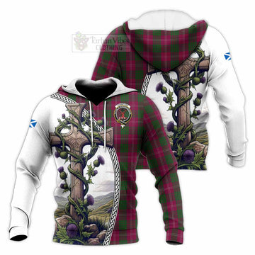 Crawford Tartan Knitted Hoodie with Family Crest and St. Andrew's Cross Accented by Thistle Vines