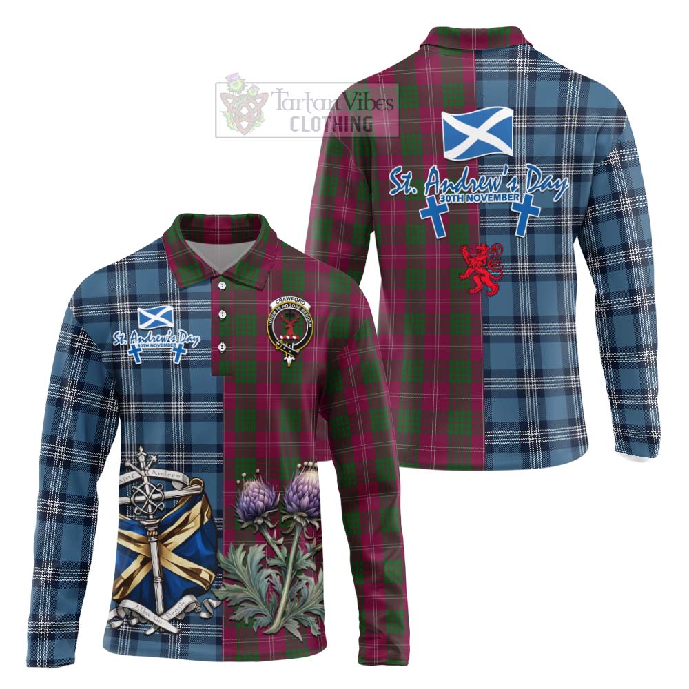 Tartan Vibes Clothing Crawford Tartan Long Sleeve Polo Shirt Happy St. Andrew's Day Half Tartan Style