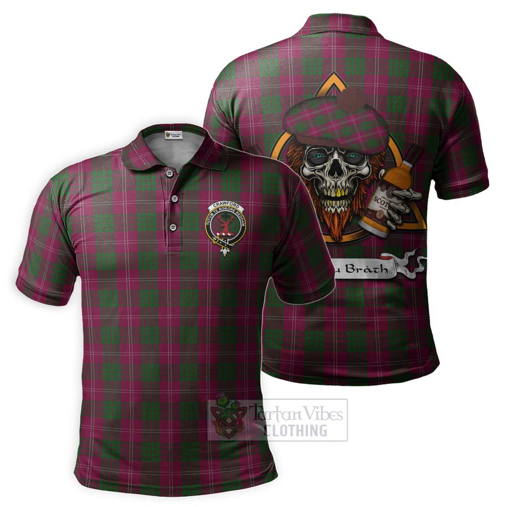 Tartan Vibes Clothing Crawford Tartan Polo Shirt with Family Crest and Bearded Skull Holding Bottles of Whiskey