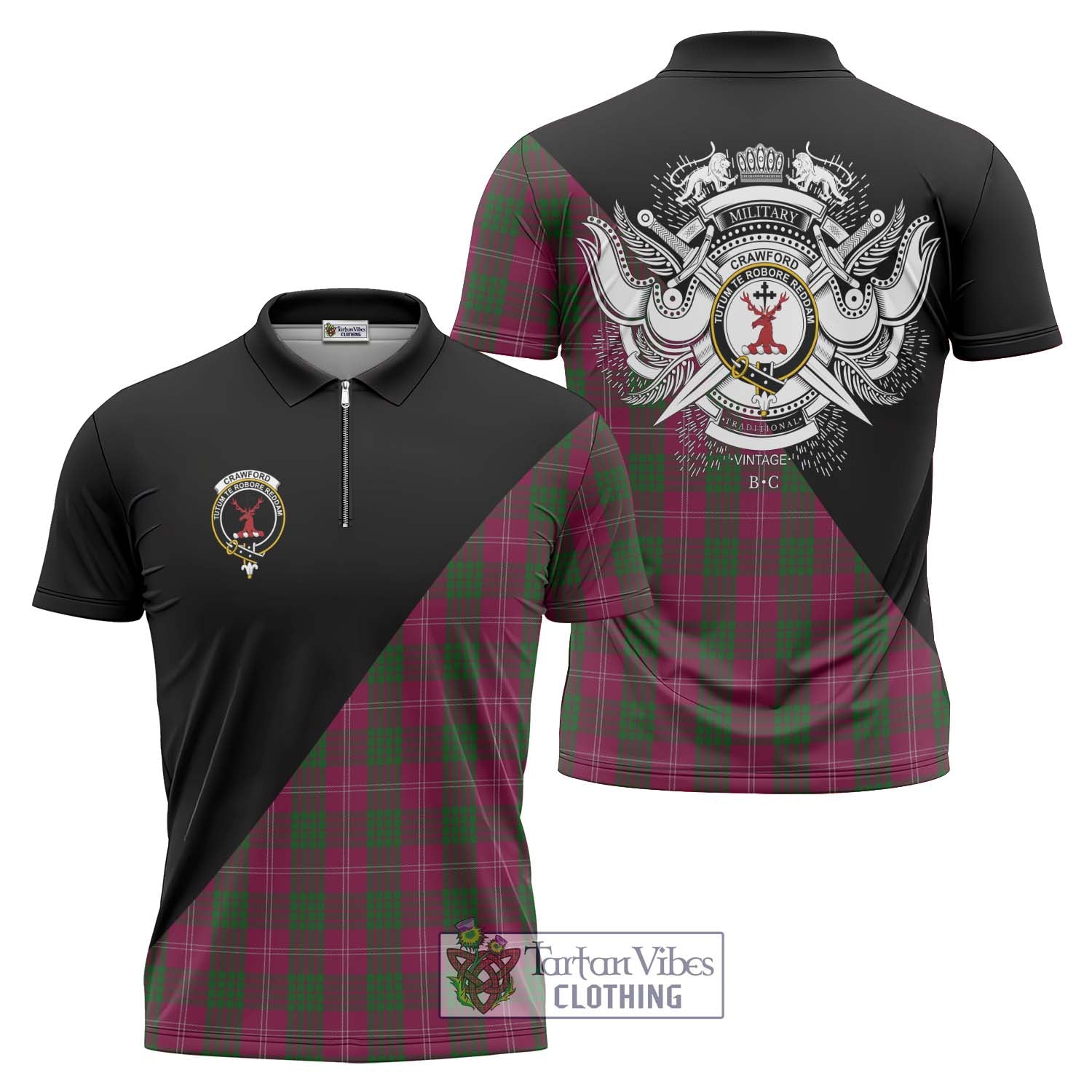 Tartan Vibes Clothing Crawford Tartan Zipper Polo Shirt with Family Crest and Military Logo Style