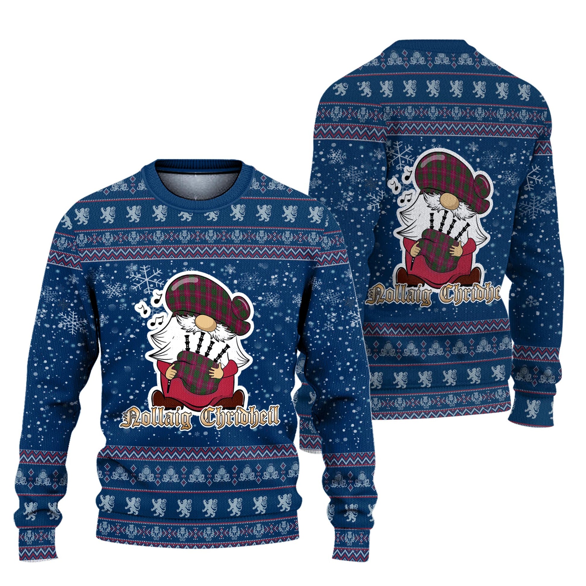 Crawford Clan Christmas Family Knitted Sweater with Funny Gnome Playing Bagpipes Unisex Blue - Tartanvibesclothing