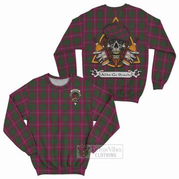 Crawford Tartan Sweatshirt with Family Crest and Bearded Skull Holding Bottles of Whiskey