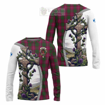 Crawford Tartan Long Sleeve T-Shirt with Family Crest and St. Andrew's Cross Accented by Thistle Vines