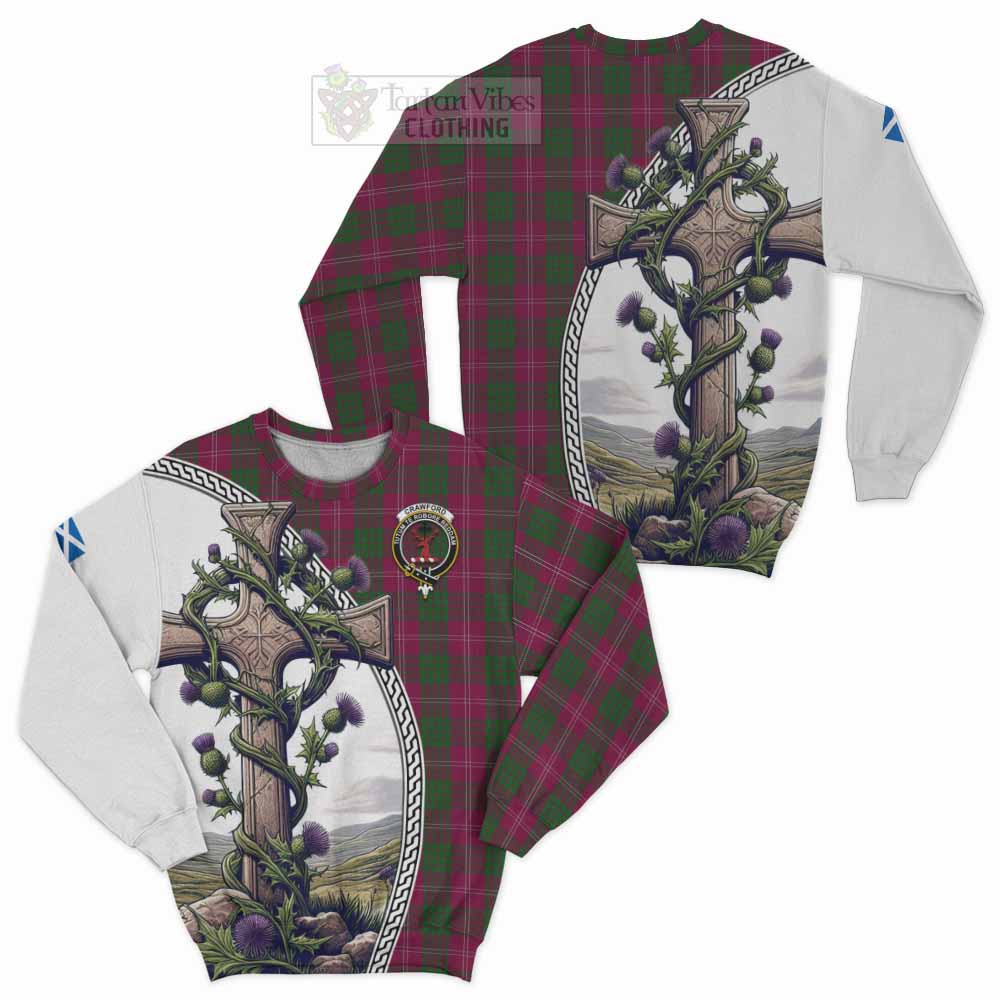 Tartan Vibes Clothing Crawford Tartan Sweatshirt with Family Crest and St. Andrew's Cross Accented by Thistle Vines