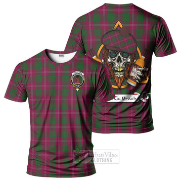 Crawford Tartan T-Shirt with Family Crest and Bearded Skull Holding Bottles of Whiskey