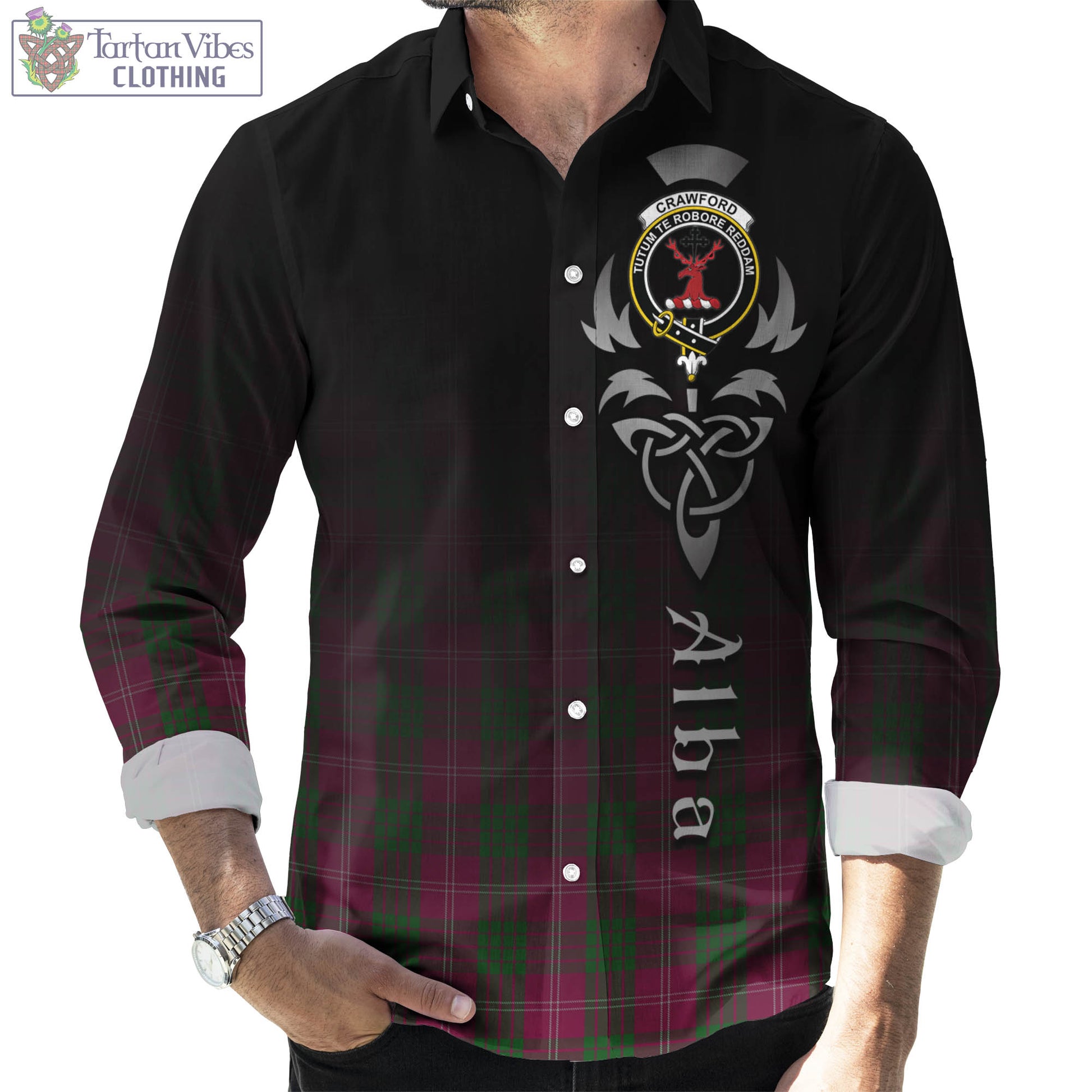 Tartan Vibes Clothing Crawford Tartan Long Sleeve Button Up Featuring Alba Gu Brath Family Crest Celtic Inspired