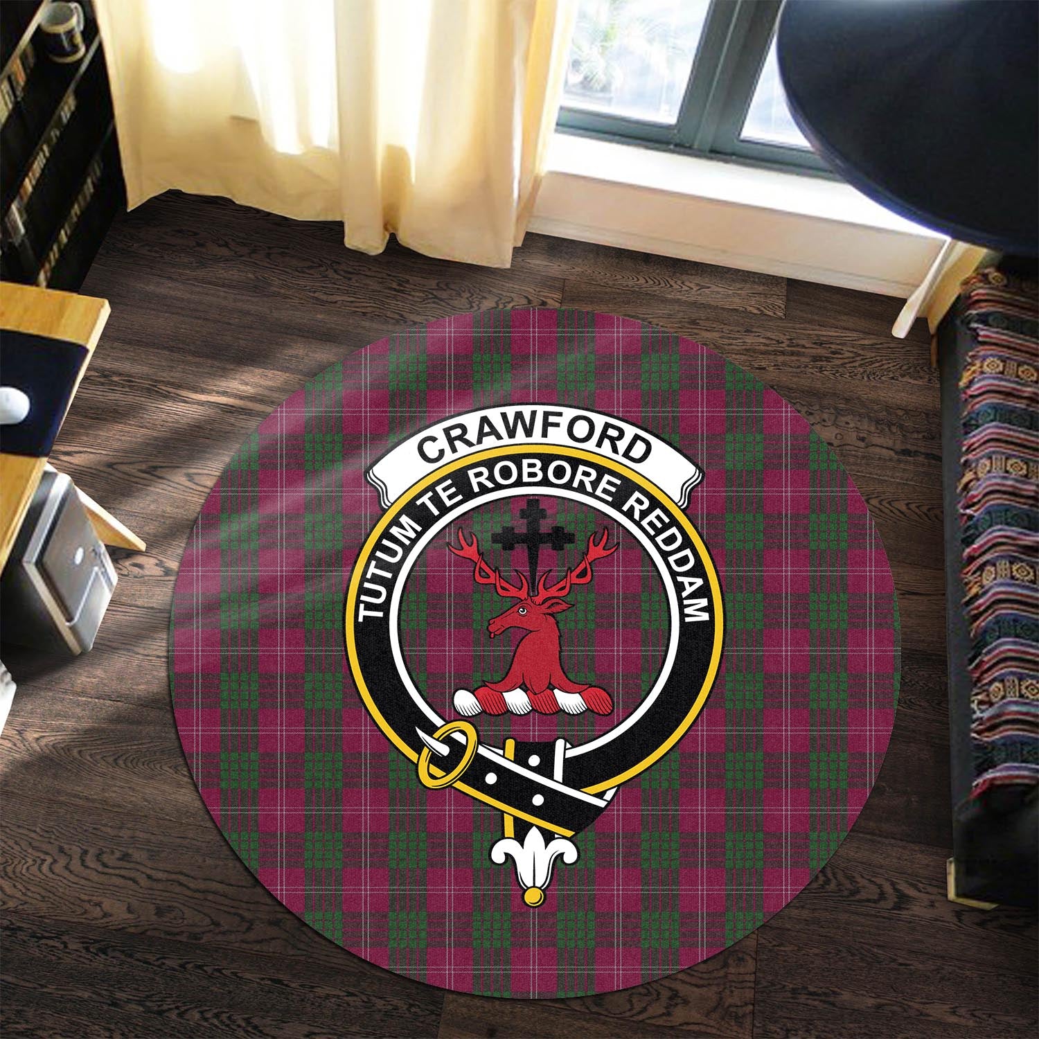 Crawford Tartan Round Rug with Family Crest - Tartanvibesclothing