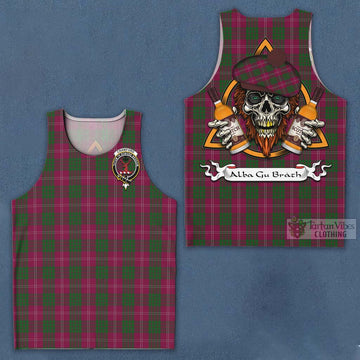 Crawford Tartan Men's Tank Top with Family Crest and Bearded Skull Holding Bottles of Whiskey