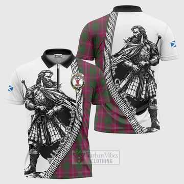 Crawford Tartan Clan Crest Zipper Polo Shirt with Highlander Warrior Celtic Style