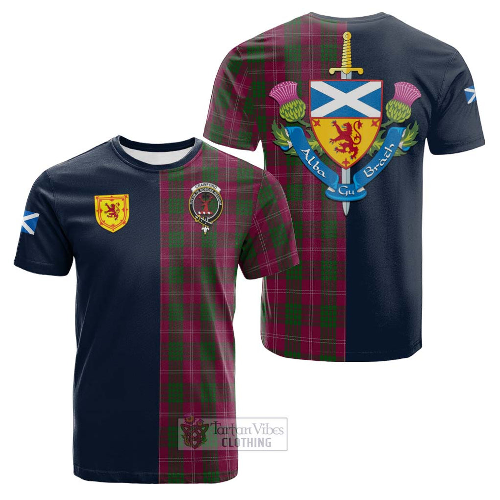 Tartan Vibes Clothing Crawford Tartan Cotton T-shirt with Scottish Lion Royal Arm Half Style