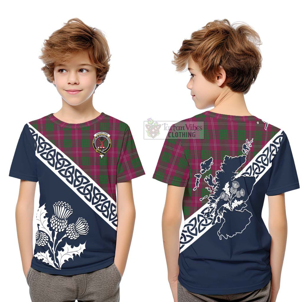 Tartan Vibes Clothing Crawford Tartan Kid T-Shirt Featuring Thistle and Scotland Map