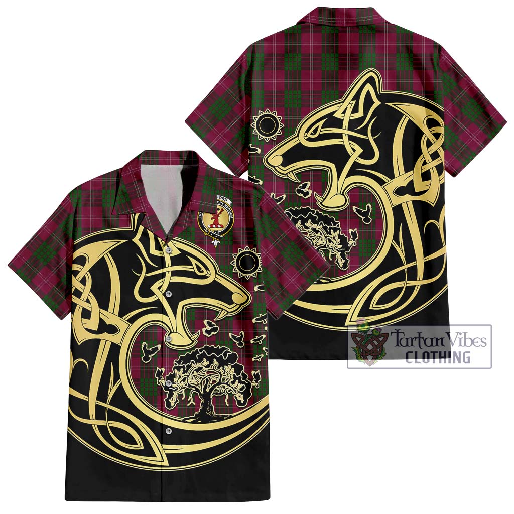 Tartan Vibes Clothing Crawford Tartan Short Sleeve Button Shirt with Family Crest Celtic Wolf Style