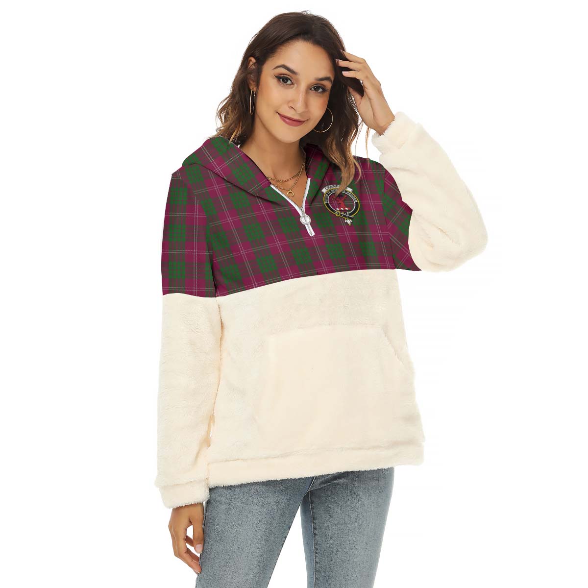 Crawford Tartan Women's Borg Fleece Hoodie With Half Zip with Family Crest Female - Tartanvibesclothing