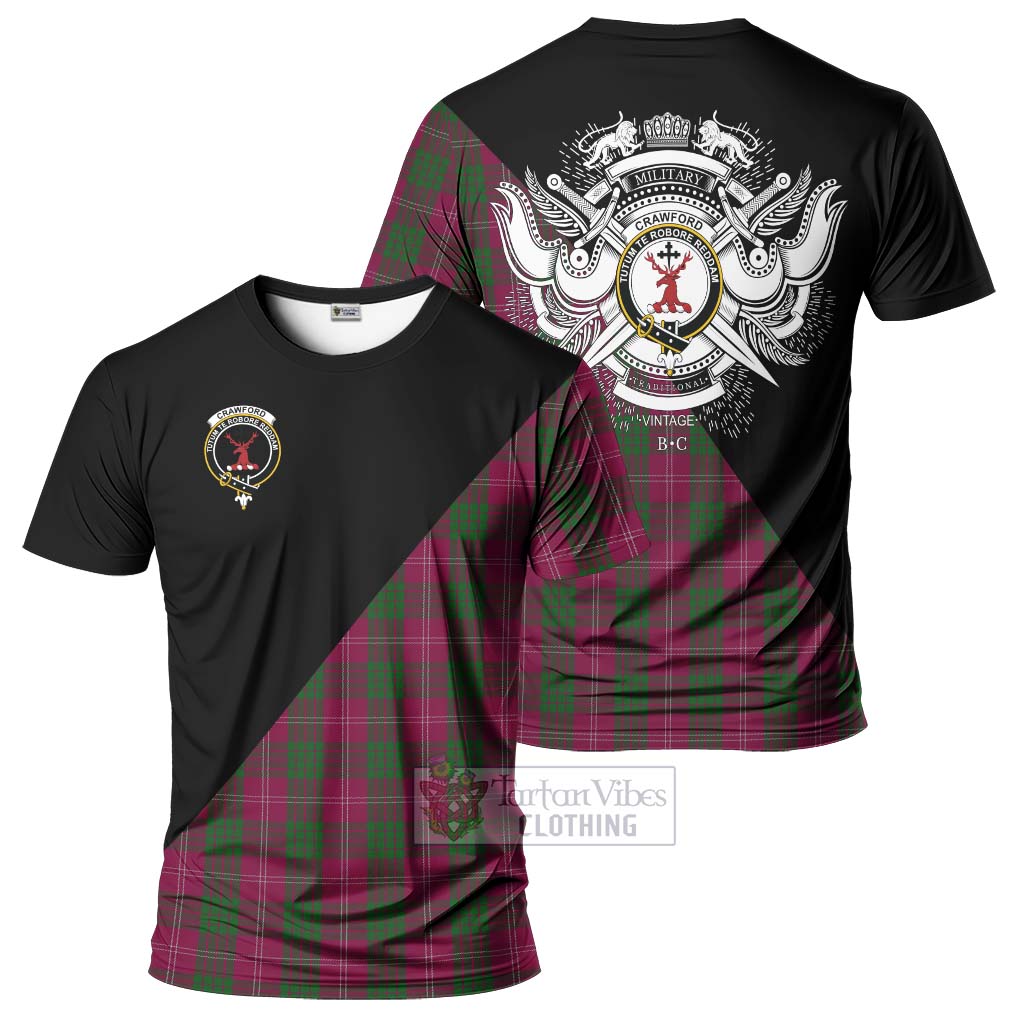 Tartan Vibes Clothing Crawford Tartan T-Shirt with Family Crest and Military Logo Style