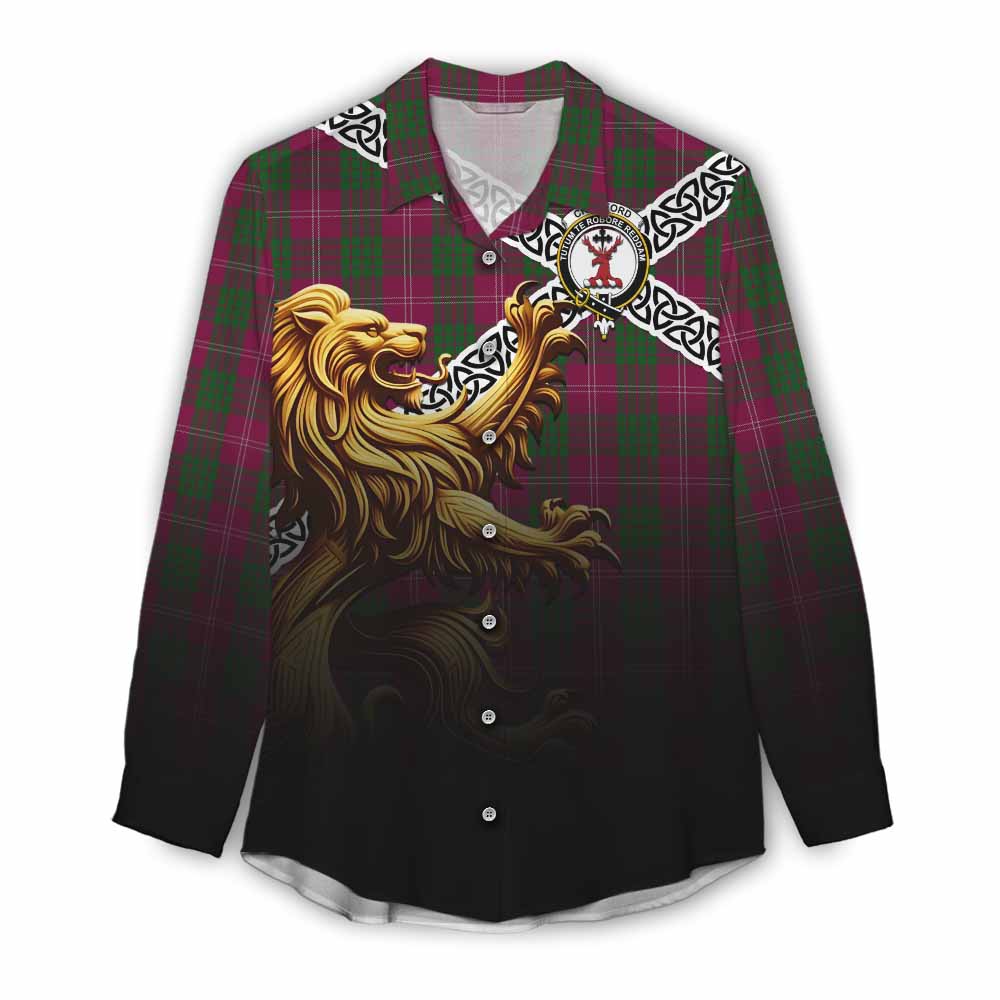 Crawford Crest Tartan Women's Casual Shirt with Golden Lion Emblem Celtic Style Female - Tartan Vibes Clothing