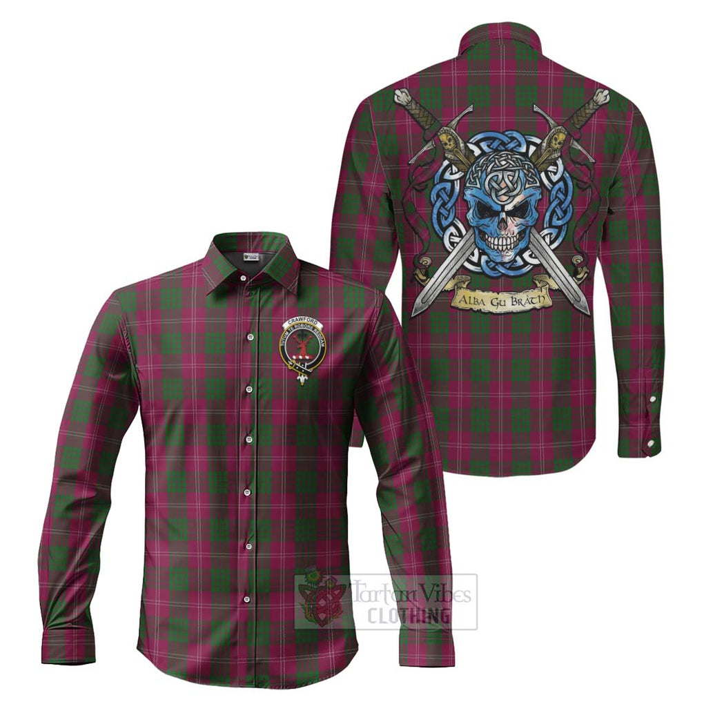 Tartan Vibes Clothing Crawford Tartan Long Sleeve Button Shirt with Family Crest Celtic Skull Style