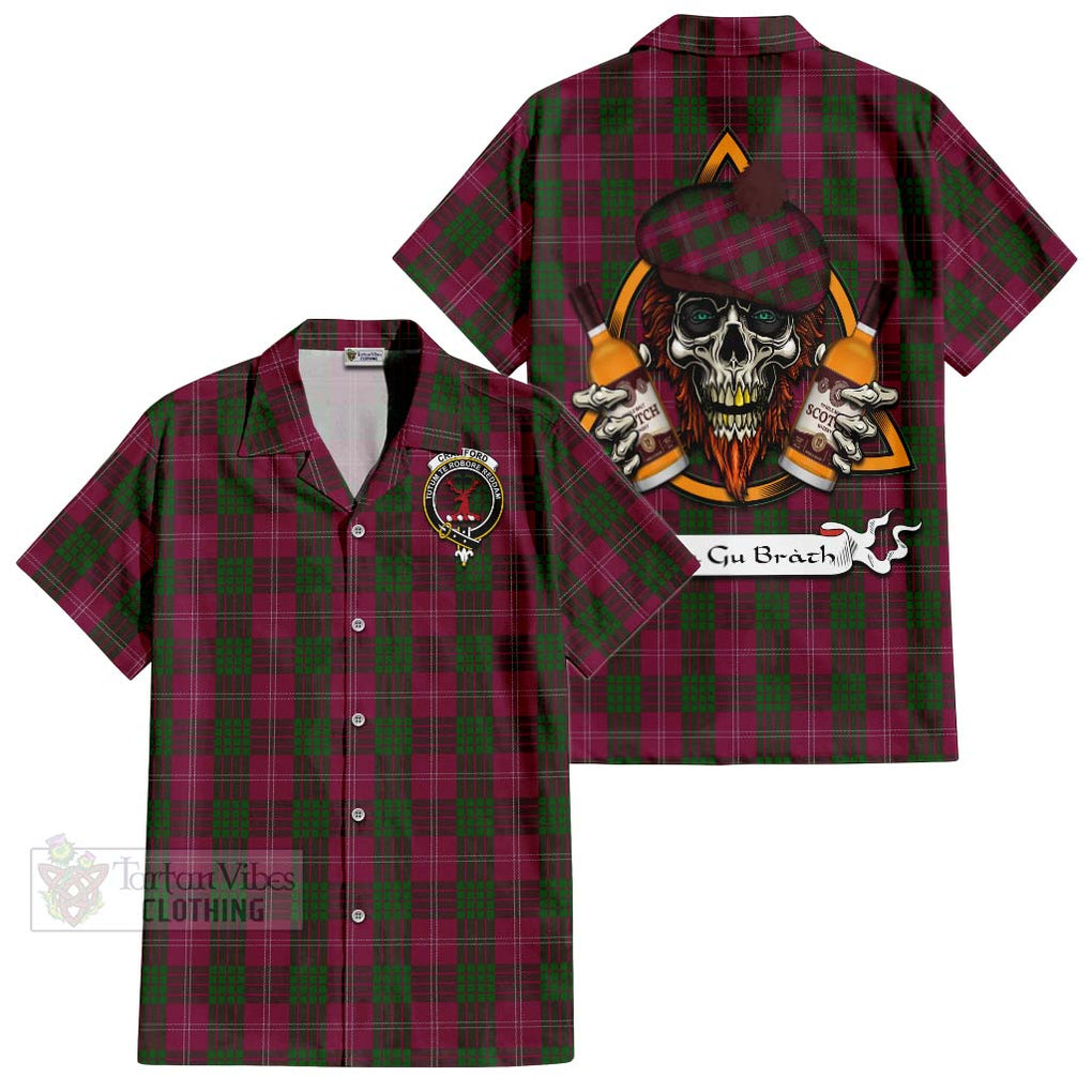 Tartan Vibes Clothing Crawford Tartan Short Sleeve Button Shirt with Family Crest and Bearded Skull Holding Bottles of Whiskey