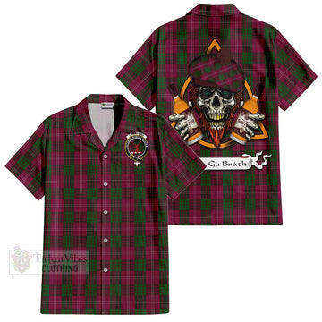 Crawford Tartan Short Sleeve Button Shirt with Family Crest and Bearded Skull Holding Bottles of Whiskey