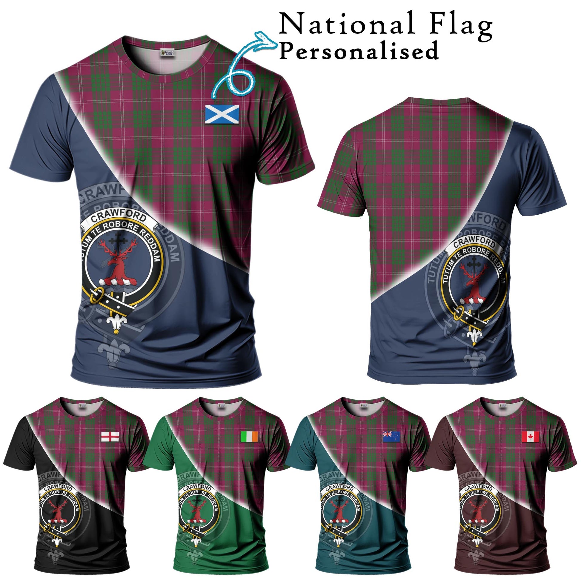 Tartan Vibes Clothing Crawford Tartan T-Shirt with Personalised National Flag and Family Crest Half Style