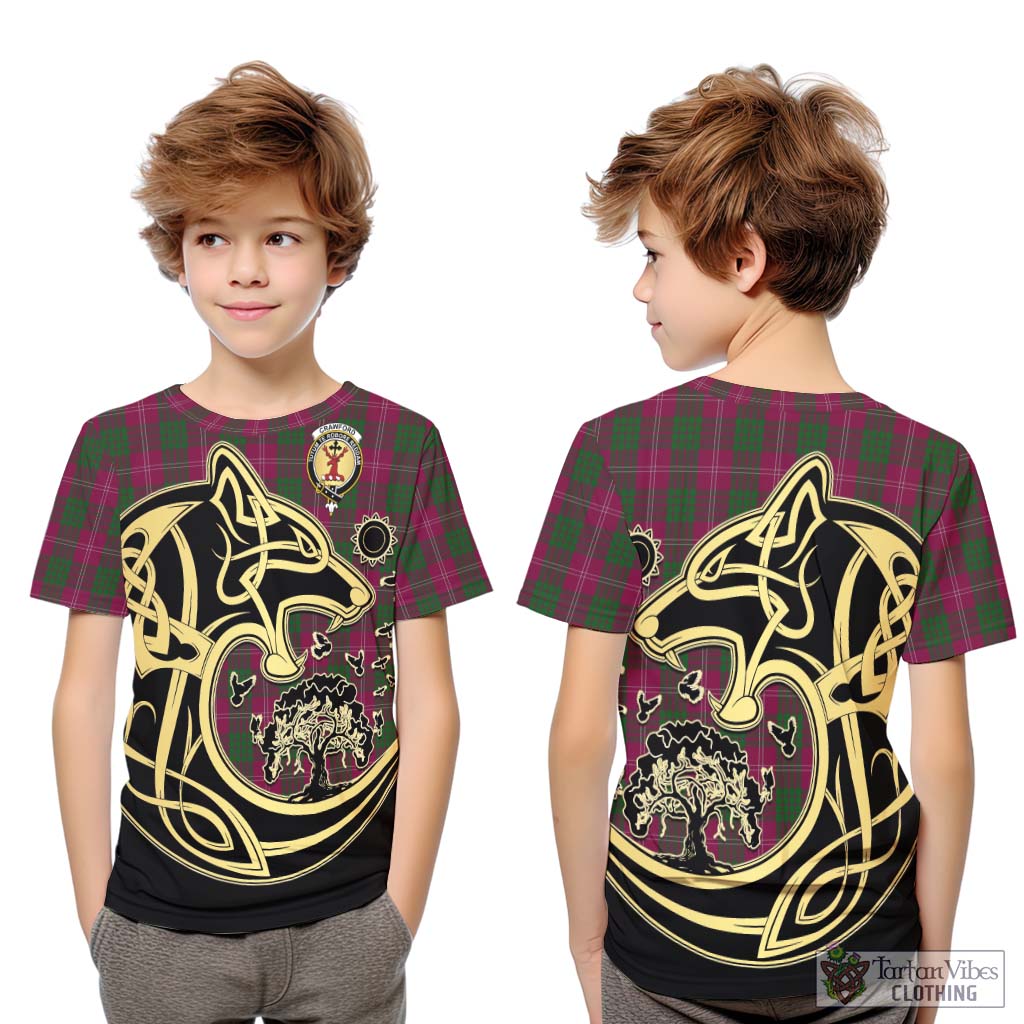 Tartan Vibes Clothing Crawford Tartan Kid T-Shirt with Family Crest Celtic Wolf Style