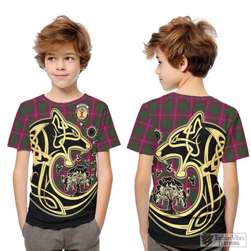 Crawford Tartan Kid T-Shirt with Family Crest Celtic Wolf Style