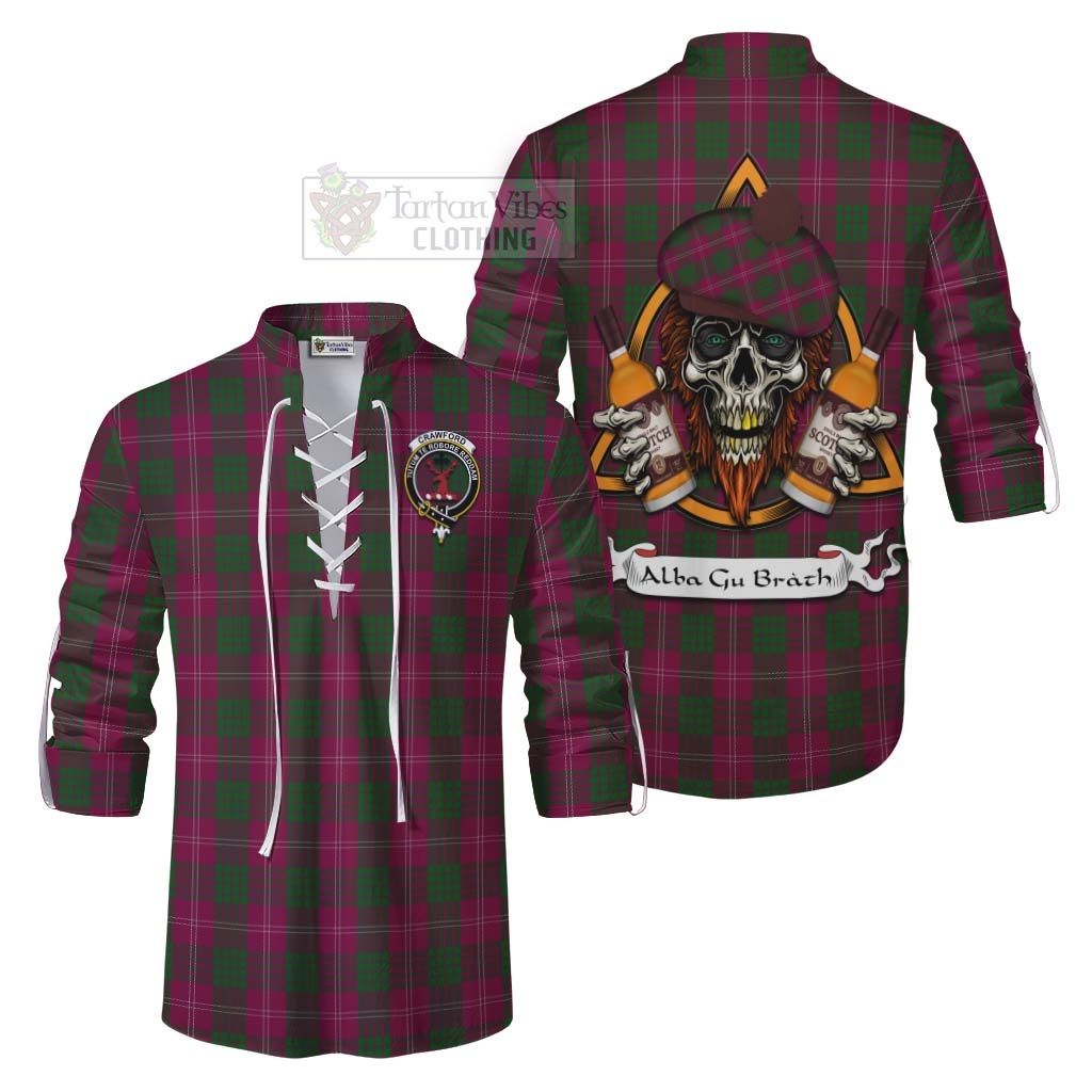 Tartan Vibes Clothing Crawford Tartan Ghillie Kilt Shirt with Family Crest and Bearded Skull Holding Bottles of Whiskey