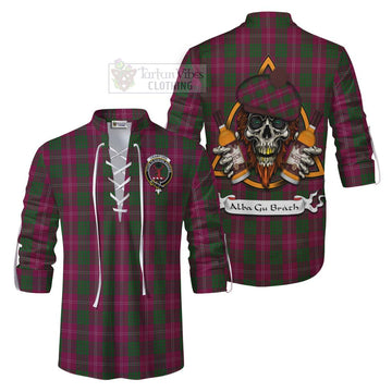 Crawford Tartan Ghillie Kilt Shirt with Family Crest and Bearded Skull Holding Bottles of Whiskey