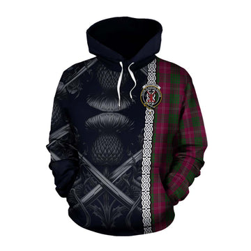 Crawford Tartan Cotton Hoodie with Family Crest Cross Sword Thistle Celtic Vibes