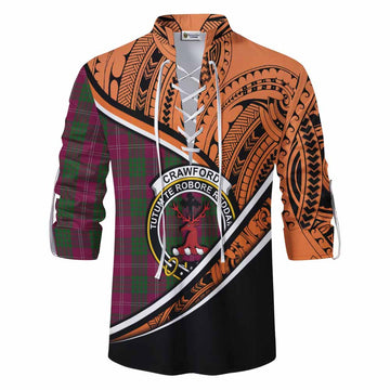 Crawford Crest Tartan Ghillie Kilt Shirt with Polynesian Vibes Style - Orange Version