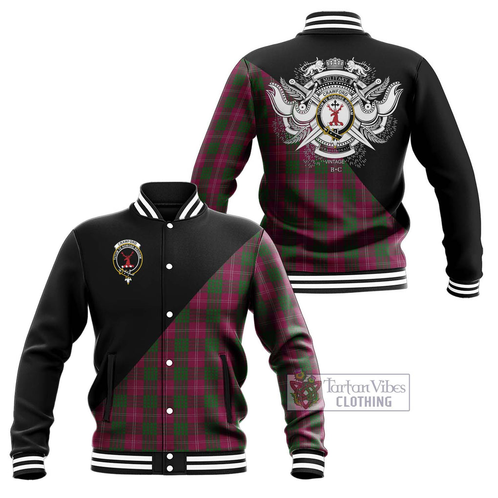 Crawford Tartan Baseball Jacket with Family Crest and Military Logo Style Unisex - Tartanvibesclothing Shop