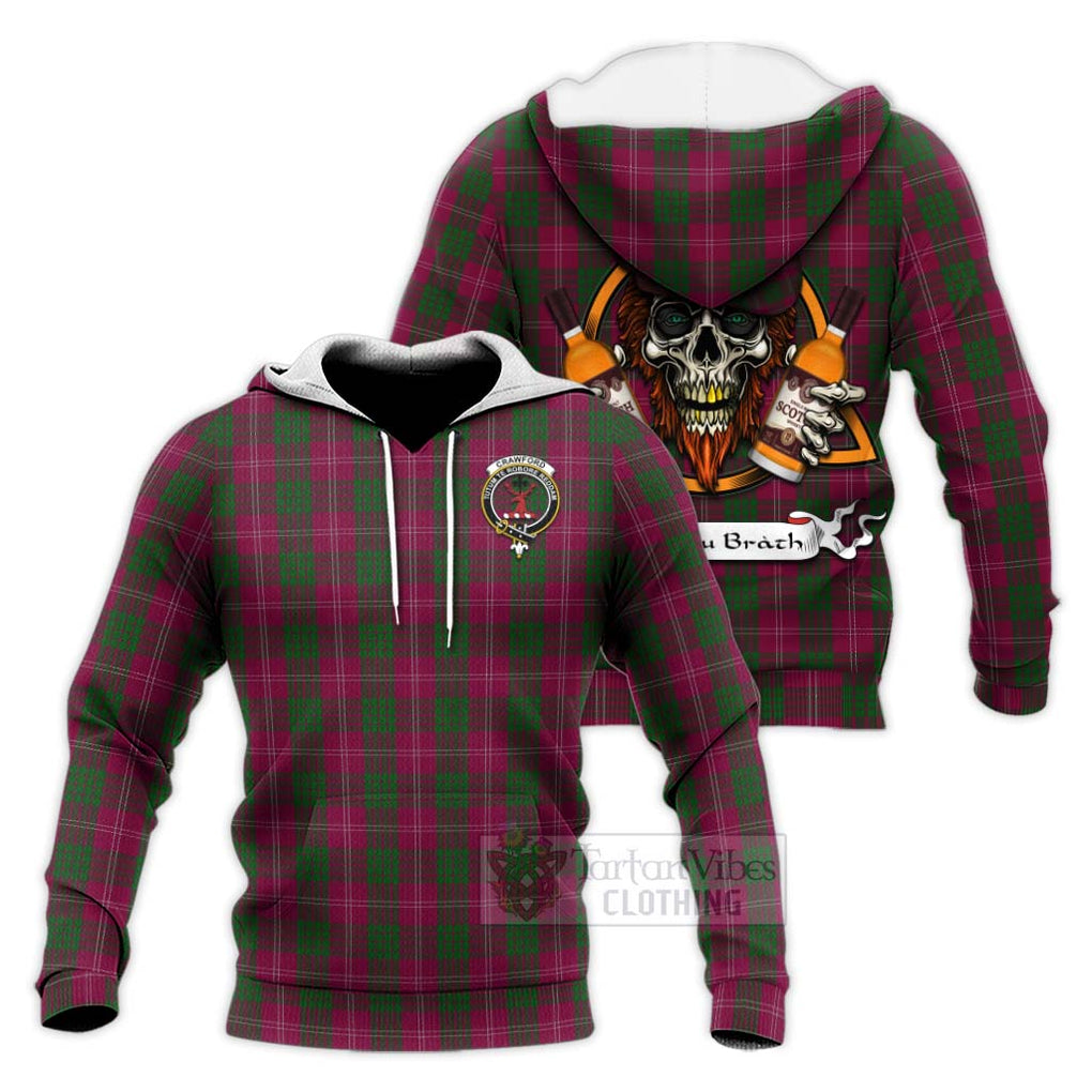 Tartan Vibes Clothing Crawford Tartan Knitted Hoodie with Family Crest and Bearded Skull Holding Bottles of Whiskey