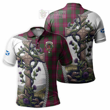 Crawford Tartan Polo Shirt with Family Crest and St. Andrew's Cross Accented by Thistle Vines