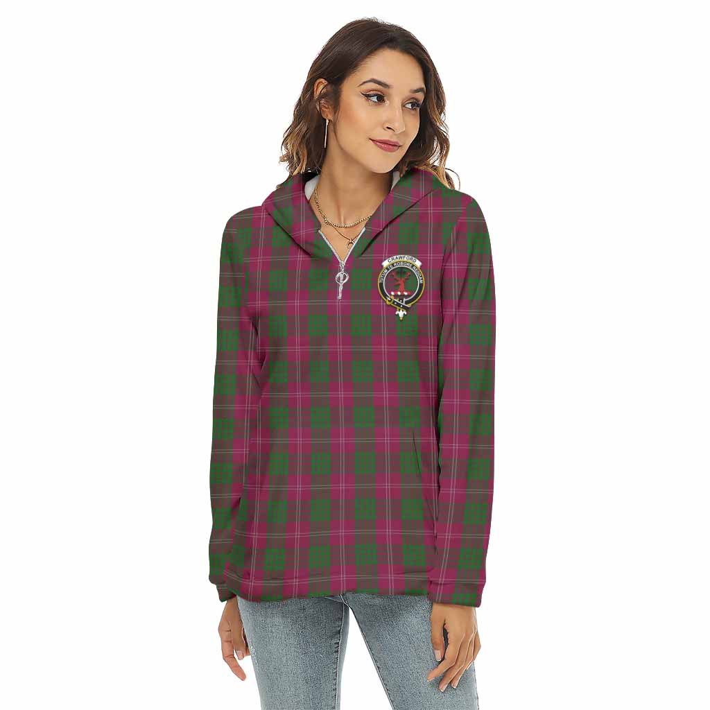 Crawford Tartan Women's Borg Fleece Hoodie with Half Zip with Family Crest Female - Tartan Vibes Clothing