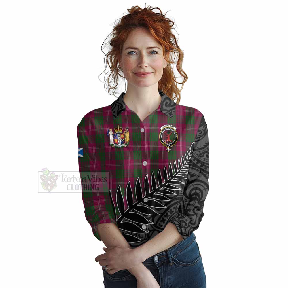 Tartan Vibes Clothing Crawford Crest Tartan Women's Casual Shirt with New Zealand Silver Fern Half Style