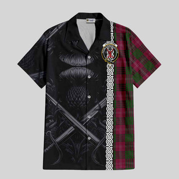 Crawford Tartan Short Sleeve Button Shirt with Family Crest Cross Sword Thistle Celtic Vibes