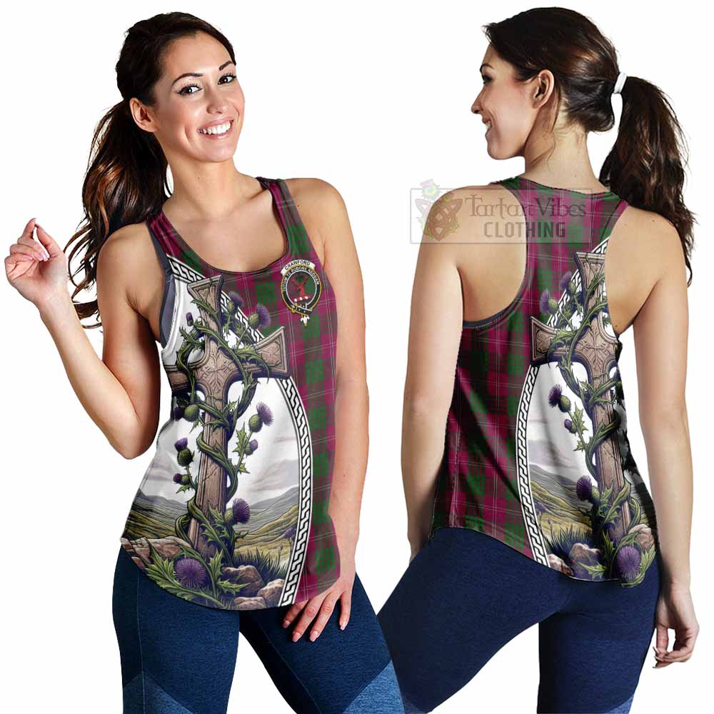 Tartan Vibes Clothing Crawford Tartan Women's Racerback Tanks with Family Crest and St. Andrew's Cross Accented by Thistle Vines