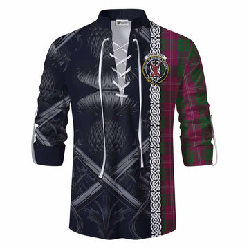 Crawford Tartan Ghillie Kilt Shirt with Family Crest Cross Sword Thistle Celtic Vibes