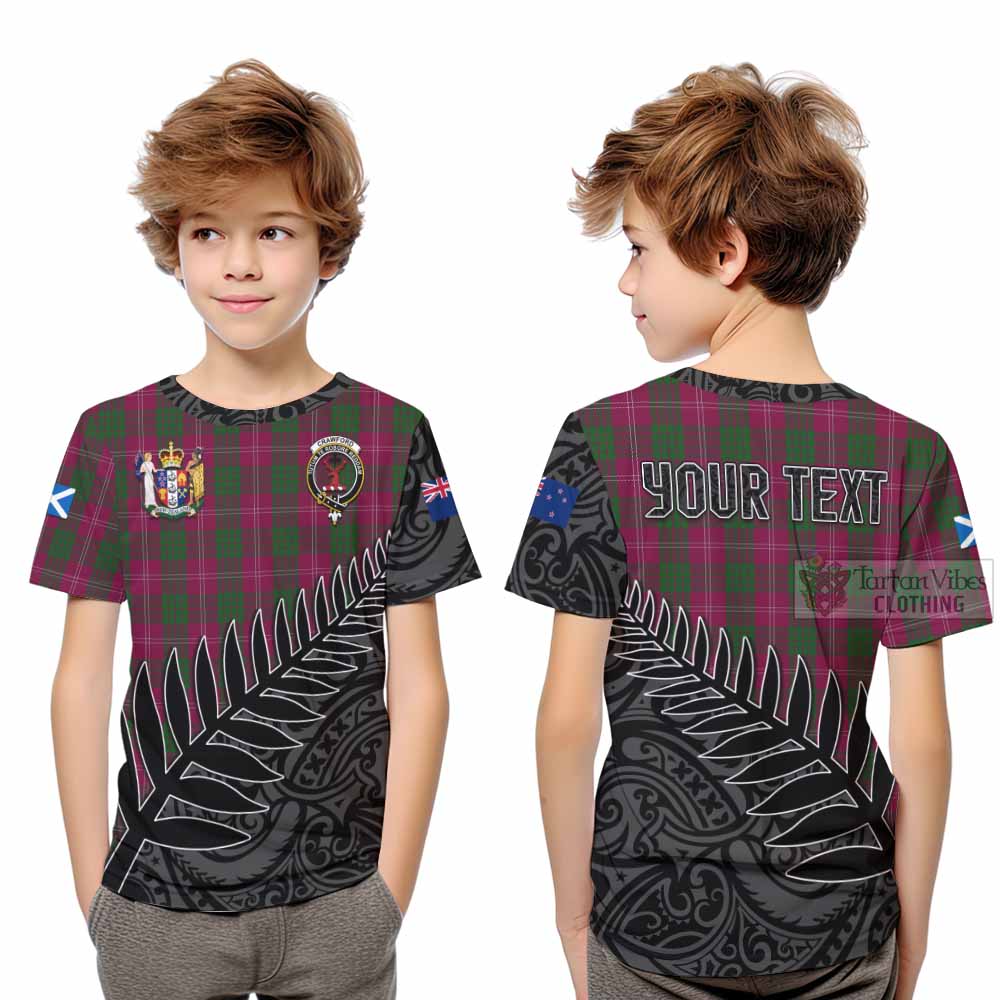 Tartan Vibes Clothing Crawford Crest Tartan Kid T-Shirt with New Zealand Silver Fern Half Style