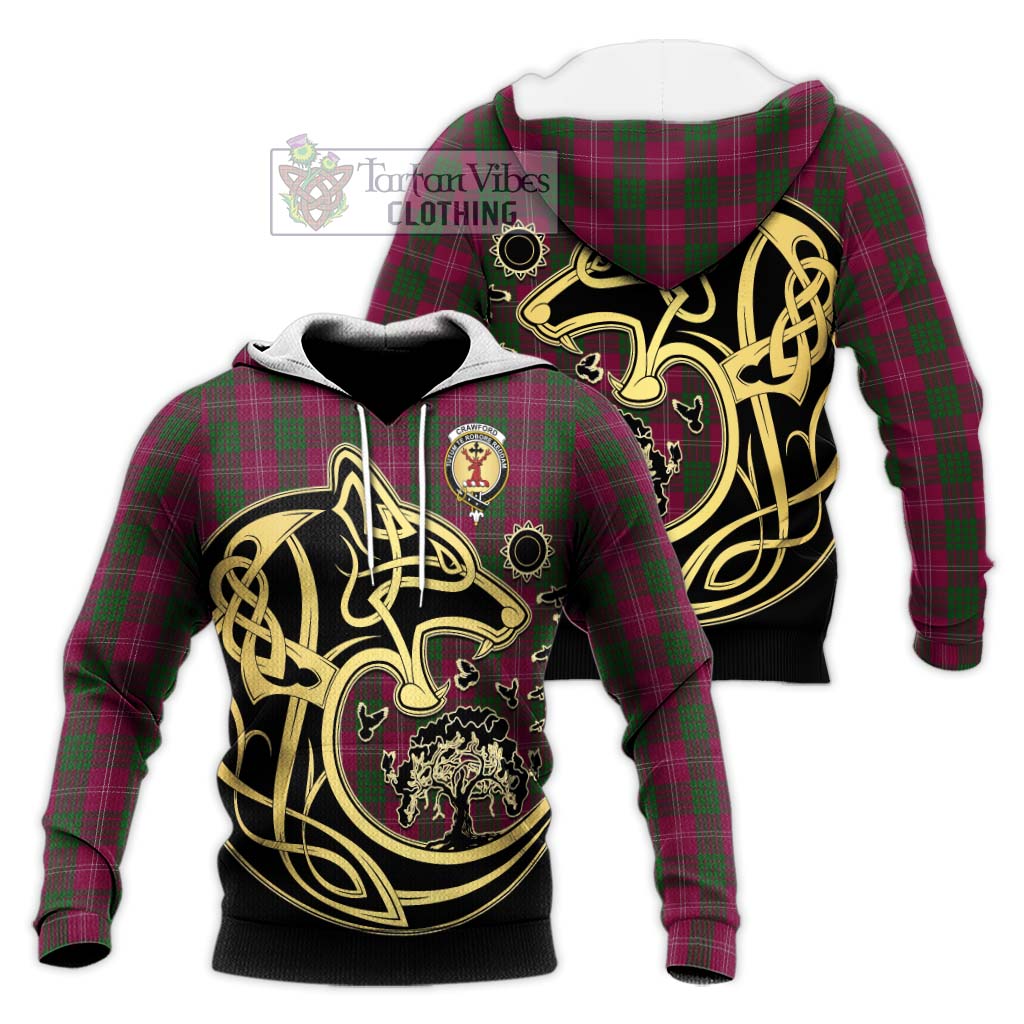 Tartan Vibes Clothing Crawford Tartan Knitted Hoodie with Family Crest Celtic Wolf Style