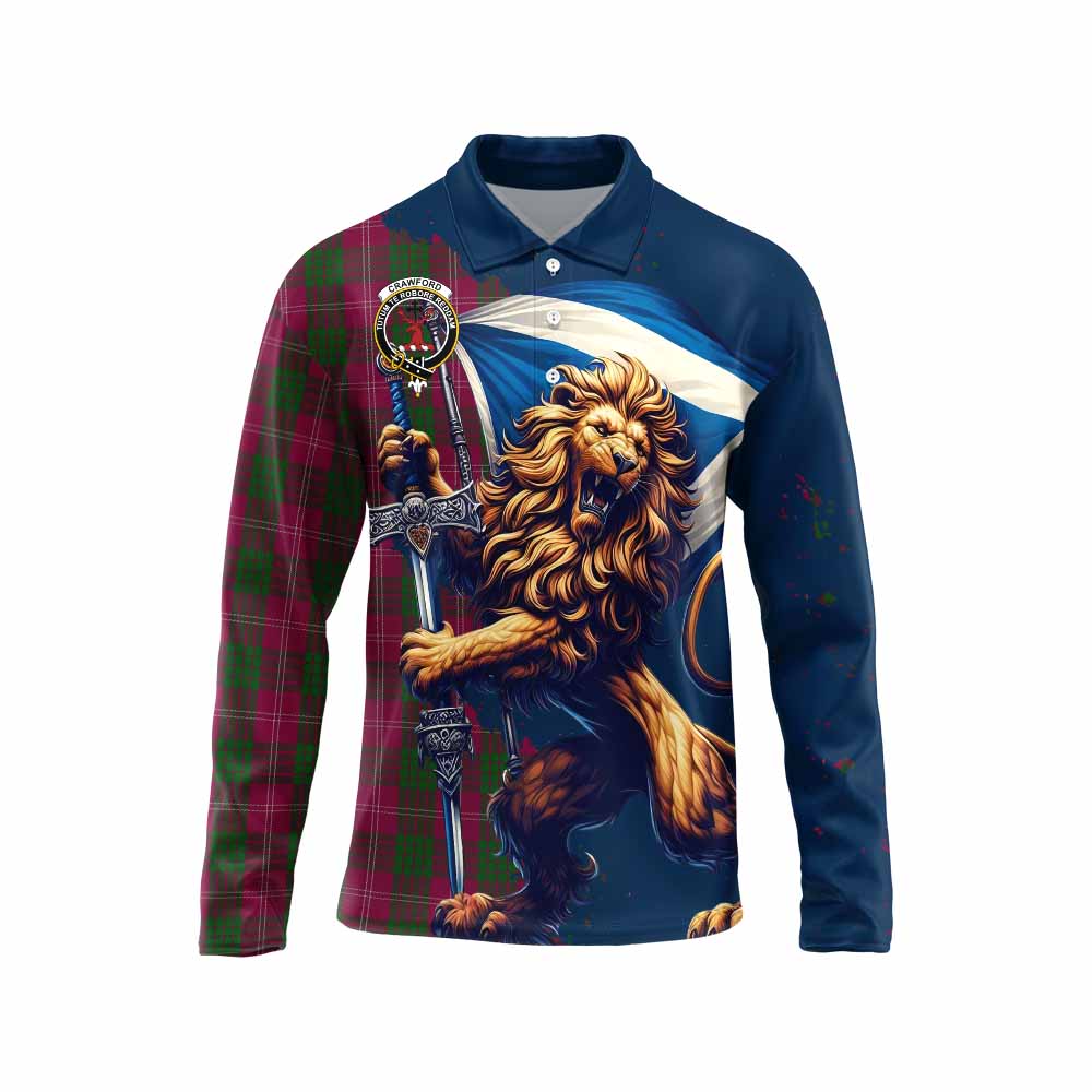 Tartan Vibes Clothing Crawford Tartan Family Crest Long Sleeve Polo Shirt with Scottish Majestic Lion