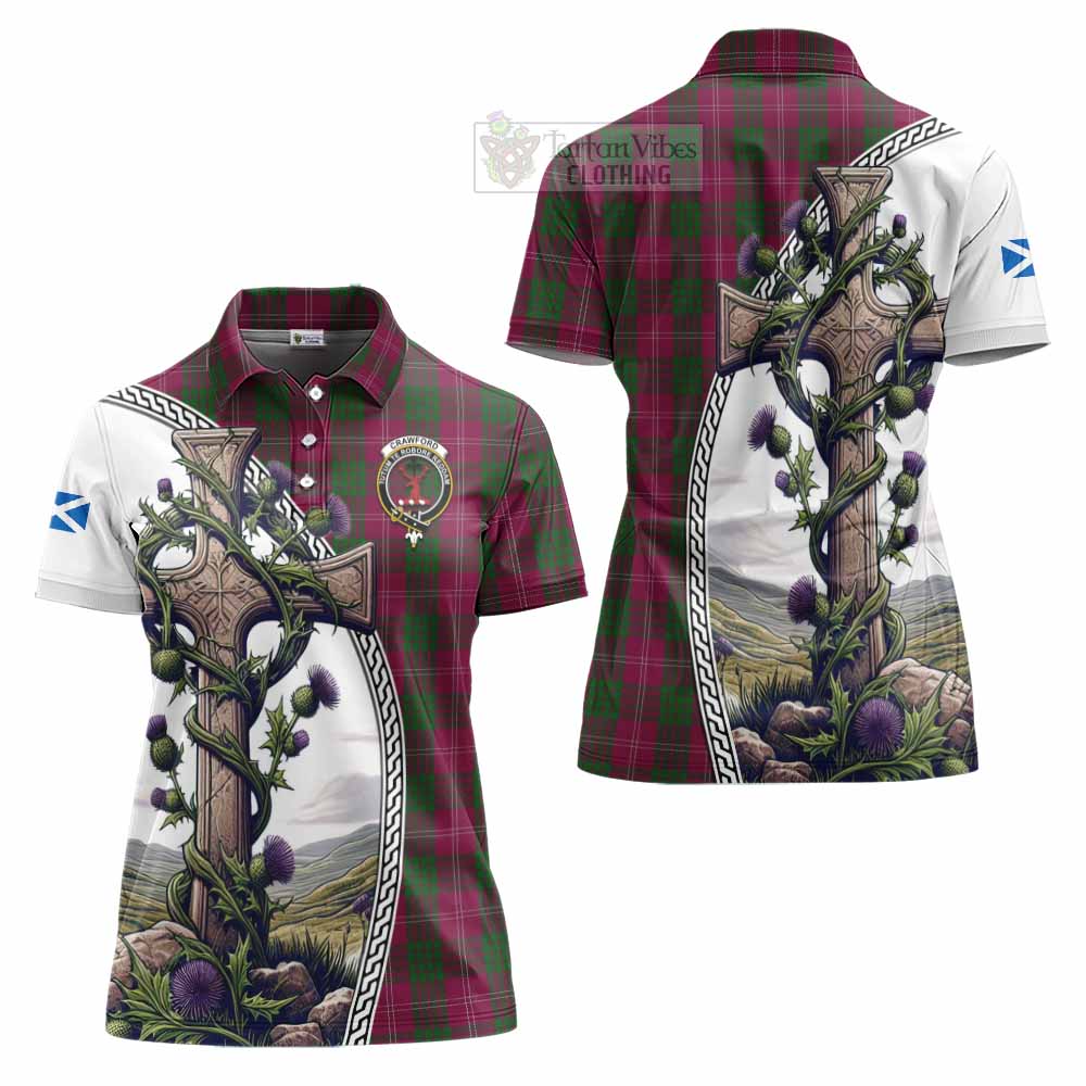 Tartan Vibes Clothing Crawford Tartan Women's Polo Shirt with Family Crest and St. Andrew's Cross Accented by Thistle Vines