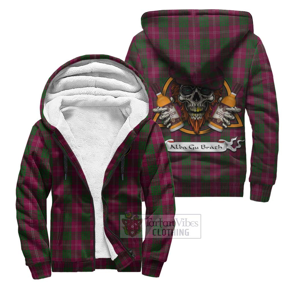 Tartan Vibes Clothing Crawford Tartan Sherpa Hoodie with Family Crest and Bearded Skull Holding Bottles of Whiskey