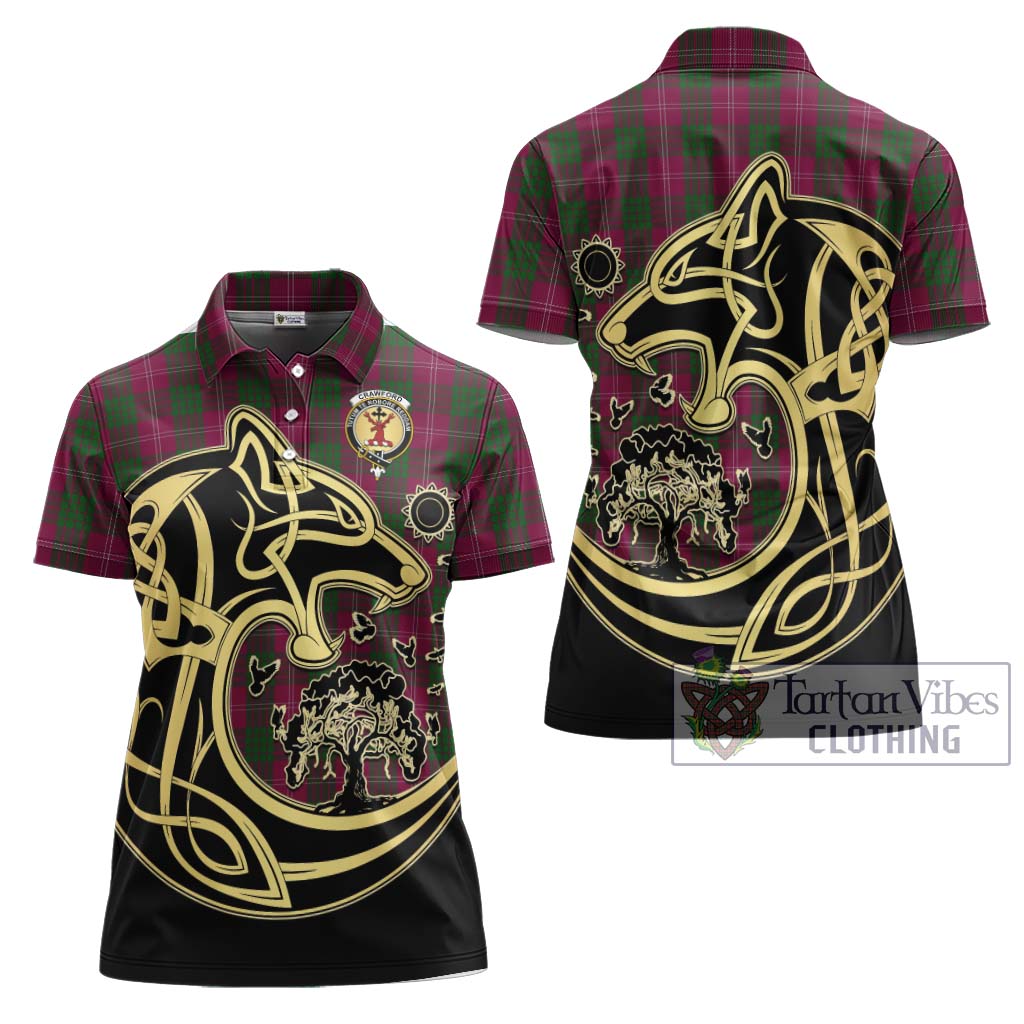 Tartan Vibes Clothing Crawford Tartan Women's Polo Shirt with Family Crest Celtic Wolf Style