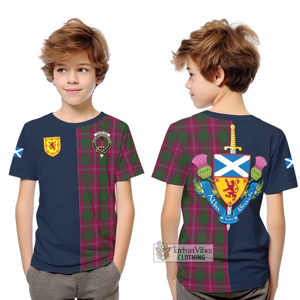 Tartan Vibes Clothing Crawford Tartan Kid T-Shirt with Scottish Lion Royal Arm Half Style